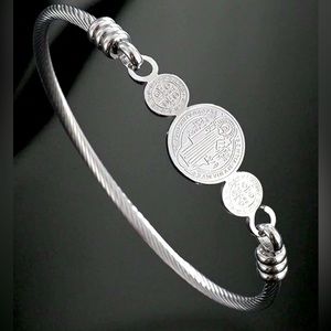 Stainless Steel Minimalist St Benedict Bangle Bracelet With Three Circle Charms